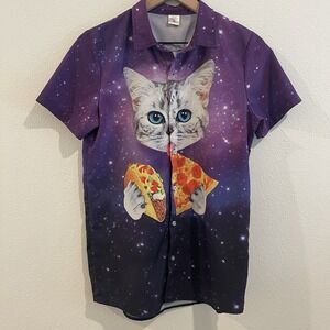 Cat Taco Pizza Shirt Women XL Purple Gag Gift Holiday Galaxy Space Button Down